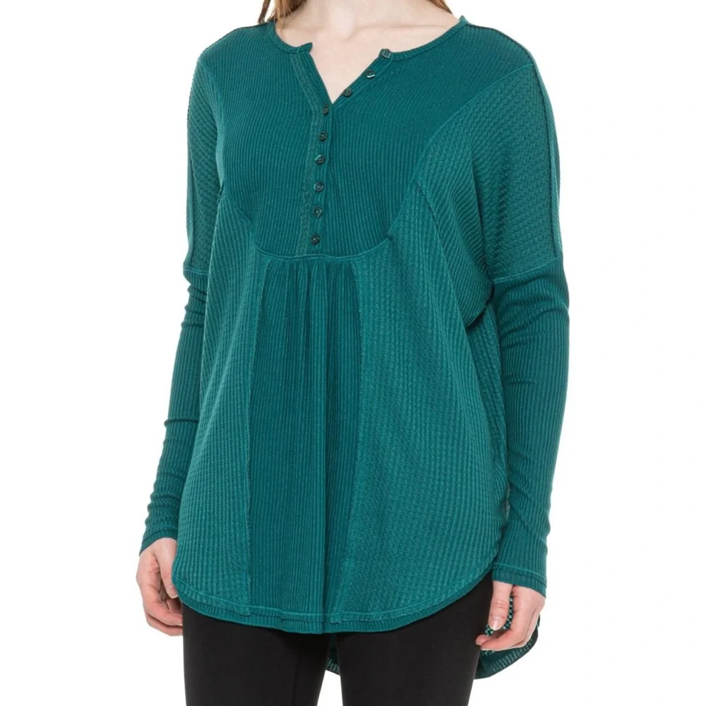 NWT Free People Leo Oversize Henley Soft Waffle‎ Knit Tunic Top Teal Green Small